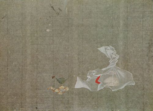 Katsushika Hokusai: Sake-Schälchen in ein durchsichtiges Tuch gehüllt
