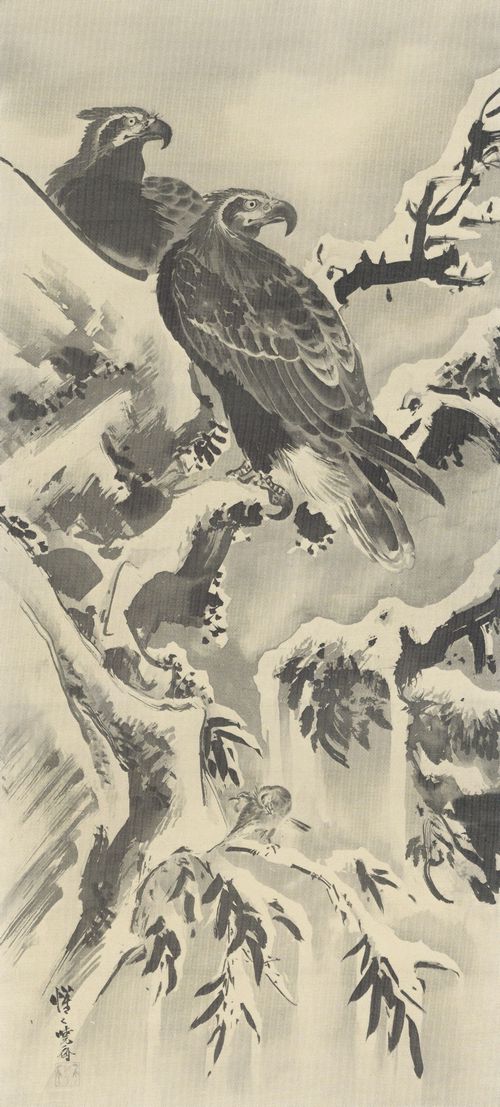 Kawanabe Kyosai: Adler auf beschneiten Kiefernzweigen im Gebirge
