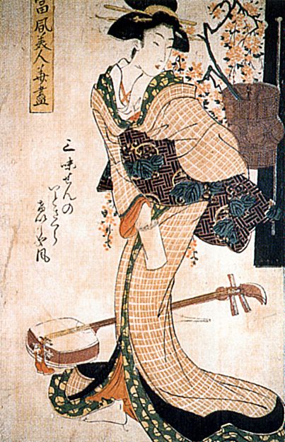 Kikukawa Eizan: Eine Geisha, die dem Trauerkirschzweig ähnelt und Lauteninstrument Shamisen