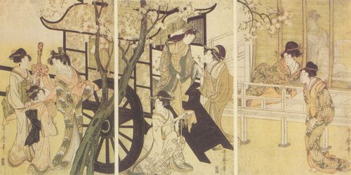 Kitagawa Utamaro: Ankunft einer vornehmen Dame; Triptychon