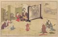 Kitagawa Utamaro: Aus dem Buch Gedichte und Bilder zu Neujahr, Blatt 5: Sarumawashi (Affenvorstellung)