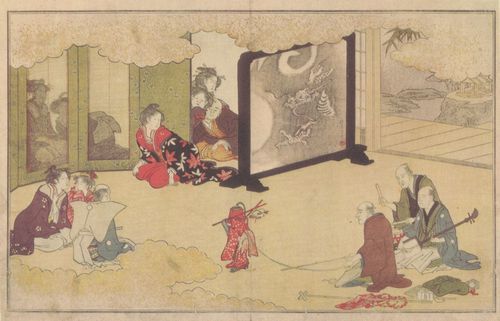 Kitagawa Utamaro: Aus dem Buch »Gedichte und Bilder zu Neujahr«, Blatt 5: Sarumawashi (Affenvorstellung)
