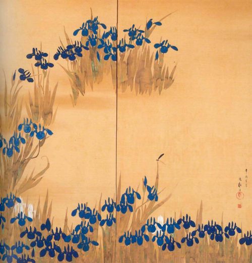 Sakai Hoitsu: Zweiteiliger Wandschirm: Schwertlilien