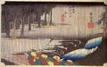 Utagawa Hiroshige: Aus der Serie Dreiundfnfzig Stationen der Tokaido-Strae: Frhlingsregen in Tsuchiyama