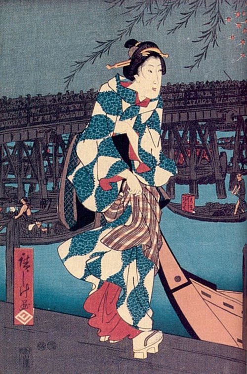 Utagawa Hiroshige: Groes Feuerwerk an der Ryogoku-bashi-Brcke an einem frischen Abend; das linke Blatt des Tryptichons
