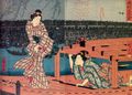 Utagawa Hiroshige: Groes Feuerwerk an der Ryogoku-bashi-Brcke an einem frischen Abend; das mittlere und rechte Blatt des Tryptichons