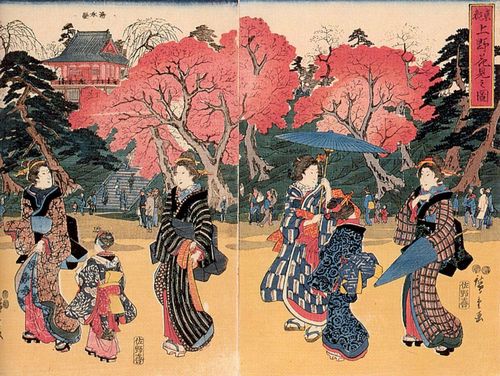 Utagawa Hiroshige: Liebevolle Betrachtung der Pflaumenblte im Ueno-Park der Osthauptstadt; das mittlere und rechte Blatt des Tryptichons