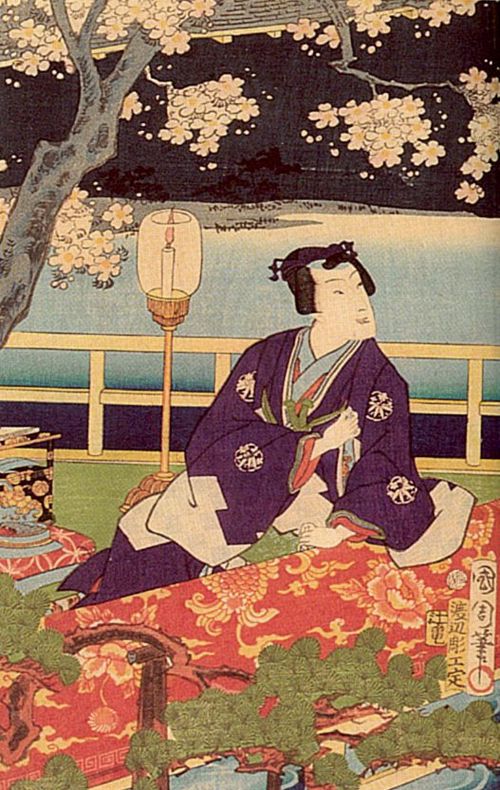 Utagawa Kunichika: Liebevolle Betrachtung der Sakura-Blte; das linke Blatt des Tryptichons
