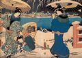 Utagawa Kunisada I.: Aus der Serie »12 Monate«: Der 10. Monat, der erste Schnee, das mittlere und rechte Blatt des Tryptichons
