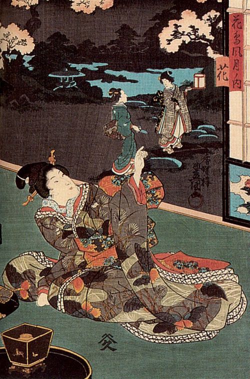 Utagawa Kunisada I.: Aus der Serie »Blumen und Vgel, Wind und Mond«; das rechte Blatt des Tryptichons