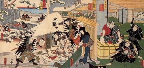 Utagawa Kunisada I.: Aus der Serie »Kanadehon Chushingura«: Der 10., 11., 12. Akt; Triptychon