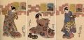 Utagawa Kunisada I.: Aus der Serie Mitate-e (travestierte Darstellung) des Gedichtbandes Hyakunin isshu: Gokyogoku sessho Saki no dajodaijin (rechts), Nijoin sanuki (mitte), Kamakura Udaijin (links)