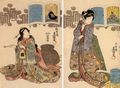 Utagawa Kunisada I.: Aus der Serie Mitate-e (travestierte Darstellung) des Gedichtbandes Hyakunin isshu: Gotoku daiji sadaijin (rechts) und Doin-hoshi (links)