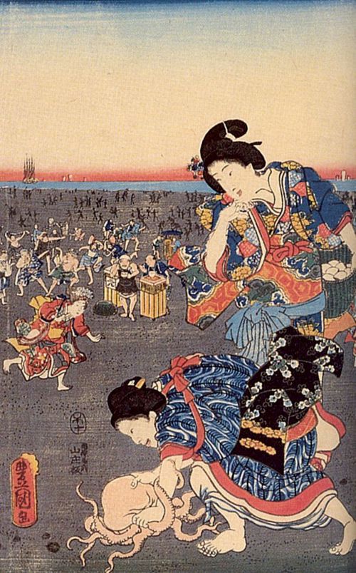 Utagawa Kunisada I.: Aus der Serie »Murasaki beobachtet die Anfertigung der Ashikaga-Seide«: Jahreszeiten, der dritte Monat; das linke Blatt des Tryptichons
