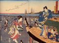 Utagawa Kunisada I.: Aus der Serie »Murasaki beobachtet die Anfertigung der Ashikaga-Seide«: Jahreszeiten, der dritte Monat; das mittlere und rechte Blatt des Tryptichons