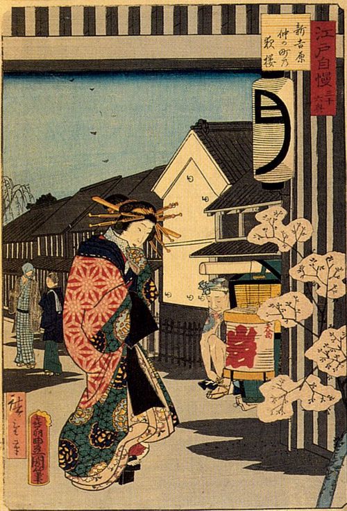 Utagawa Kunisada I.: Aus der Serie »Sechsunddreiig Sehenswrdigkeiten, worauf Edo stolz ist«: Blhender Pflaumenbaum im Nakanomachi-Stadtviertel in Shin-Yoshiwara