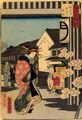Utagawa Kunisada I.: Aus der Serie »Sechsunddreißig Sehenswürdigkeiten, worauf Edo stolz ist«: Blühender Pflaumenbaum im Nakanomachi-Stadtviertel in Shin-Yoshiwara