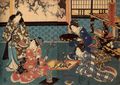 Utagawa Kunisada I.: Beibringen der Ikebana-Kunst in Erwartung des Frühlings; das mittlere und rechte Blatt des Tryptichons