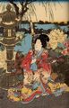 Utagawa Kunisada I.: Betrachtung seltener Blumen im Park; das linke Blatt des Tryptichons