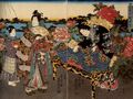 Utagawa Kunisada I.: Betrachtung seltener Blumen im Park; das mittlere und rechte Blatt des Tryptichons
