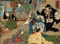 Utagawa Kunisada I.: Darstellung zu dem Kabuki-Stück »Schatzkammer der Samurai-Treue«, 1., 2. und 3. Akt: Daijo, Dainidamme und Daisandamme; das mittlere und rechte Blatt des Tryptichons