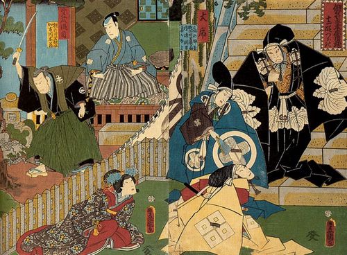 Utagawa Kunisada I.: Darstellung zu dem Kabuki-Stck »Schatzkammer der Samurai-Treue«, 1., 2. und 3. Akt: Daijo, Dainidamme und Daisandamme; das mittlere und rechte Blatt des Tryptichons