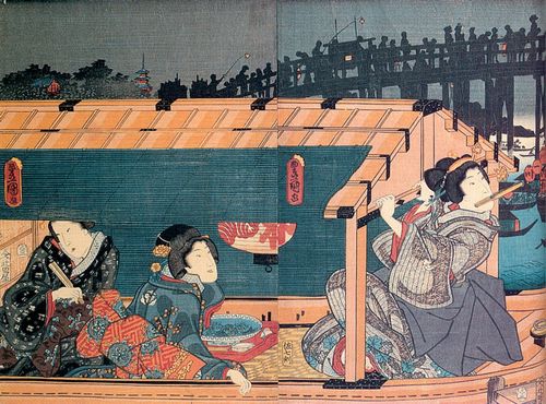 Utagawa Kunisada I.: Die abendliche Frische an der Brcke von Ryogoku-bashi; das linke und mittlere Blatt des Tryptichons