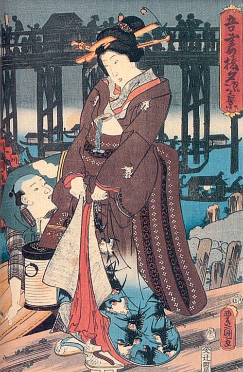 Utagawa Kunisada I.: Die abendliche Frische an der Brcke von Ryogoku-bashi; das rechte Blatt des Tryptichons