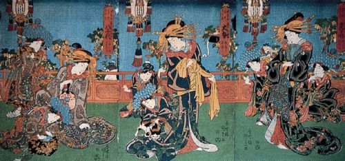 Utagawa Kunisada I.: Die Kurtisanen Mitsuogi, Osei und Yagiyo aus dem Ebiya-Haus an der Ecke der Kiyomachi-Strae in Shin Yoshiwara