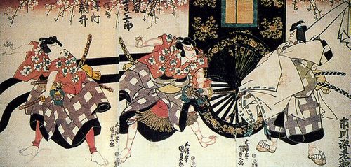 Utagawa Kunisada I.: Die Schauspieler Ichikawa Ebizo in der Rolle von Matsuomaru, Arashi Kichisaburo in der Rolle von Umeomaru und Sawamura Toshisho in der Rolle von Sakuramaru