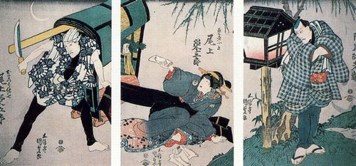 Utagawa Kunisada I.: Die Schauspieler Ichikawa Ebizo, Onoe Eizaburo als Geisha Koito und Onoe Kikugoro in der Rolle von Omatsuri Sashichi