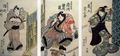 Utagawa Kunisada I.: Die Schauspieler Onoe Eizaburo als Geisha Oshun, Ichikawa Ebizo in der Rolle von Shirafuji Genta und Sawamura Toshisho in der Rolle von Izutsuya Denbei