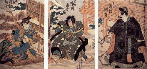 Utagawa Kunisada I.: Die Schauspieler Sawamura Toshisho in der Rolle von Sadato, Ichikawa Ebizo in der Rolle von Muneto und Sawamura Toshisho in der Rolle von Sodehagi