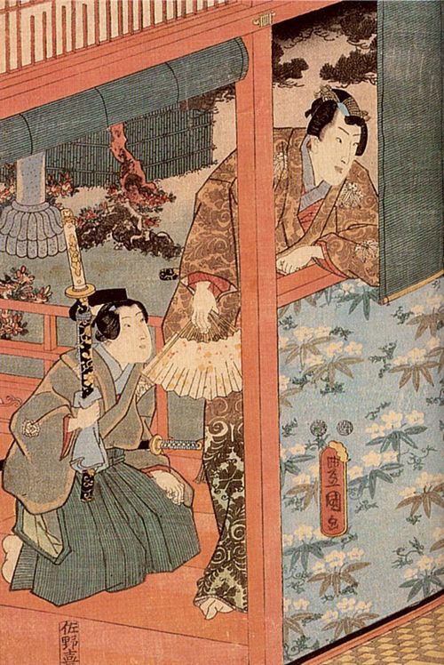 Utagawa Kunisada I.: Edoskaya Murasaki aus dem Utsusemi-Kapitel des Romans »Genji-Monogatari«, das linke Blatt des Tryptichons