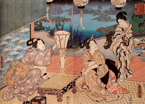Utagawa Kunisada I.: Edoskaya Murasaki aus dem Utsusemi-Kapitel des Romans »Genji-Monogatari«, das mittlere und rechte Blatt des Tryptichons