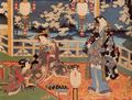 Utagawa Kunisada I.: Genji weidet sich am Abend am Anblick der Sakura-Blüte; das linke und mittlere Blatt des Tryptichons