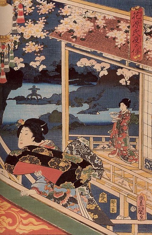 Utagawa Kunisada I.: Genji weidet sich am Abend am Anblick der Sakura-Blte; das rechte Blatt des Tryptichons