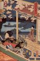 Utagawa Kunisada I.: Genji weidet sich am Abend am Anblick der Sakura-Blüte; das rechte Blatt des Tryptichons