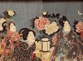 Utagawa Kunisada I.: Genji-e (Darstellung aus dem Roman Genji Monogatari); das linke und mittlere Blatt des Tryptichons