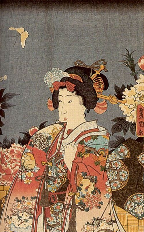 Utagawa Kunisada I.: Genji-e (Darstellung aus dem Roman »Genji Monogatari«); das rechte Blatt des Tryptichons