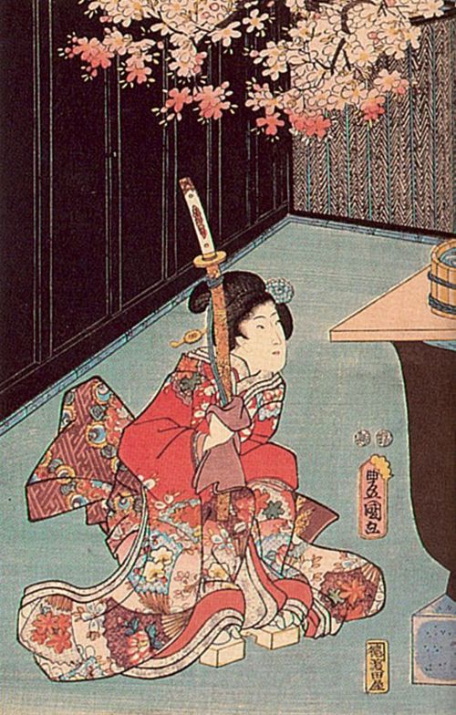 Utagawa Kunisada I.: Genji-e (Darstellung aus dem Roman »Genji Monogatari«); das linke Blatt des Tryptichons