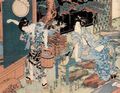 Utagawa Kunisada I.: Genuss der Frische im Garten; das linke und mittlere Blatt des Tryptichons