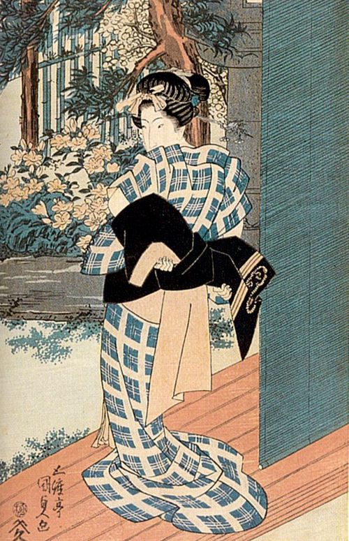 Utagawa Kunisada I.: Genuss der Frische im Garten; das rechte Blatt des Tryptichons