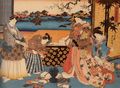 Utagawa Kunisada I.: Glückwünsche am Hofe im Zusammenhang mit dem kommendem Frühling; das rechte und mittlere Blatt des Tryptichons