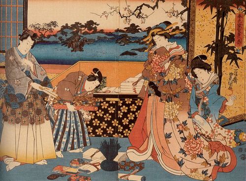 Utagawa Kunisada I.: Glckwnsche am Hofe im Zusammenhang mit dem kommendem Frhling; das rechte und mittlere Blatt des Tryptichons