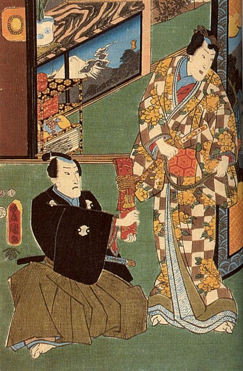 Utagawa Kunisada I.: Leere Rucherpfanne, aus Versehen ins Schlafzimmer gebracht; das linke Blatt des Tryptichons