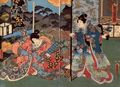 Utagawa Kunisada I.: Leere Räucherpfanne, aus Versehen ins Schlafzimmer gebracht; das mittlere und rechte Blatt des Tryptichons