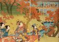 Utagawa Kunisada I.: Liebevolle Betrachtung herbstlicher Ahornblätter von der »Brücke, die bis in den Himmel langt«; das linke und mittlere Blatt des Tryptichons