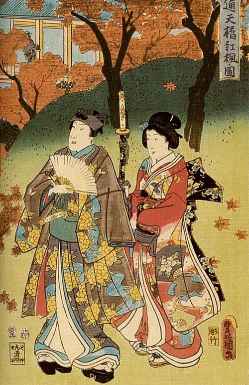Utagawa Kunisada I.: Liebevolle Betrachtung herbstlicher Ahornbltter von der »Brcke, die bis in den Himmel langt«; das rechte Blatt des Tryptichons