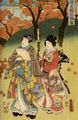 Utagawa Kunisada I.: Liebevolle Betrachtung herbstlicher Ahornblätter von der »Brücke, die bis in den Himmel langt«; das rechte Blatt des Tryptichons